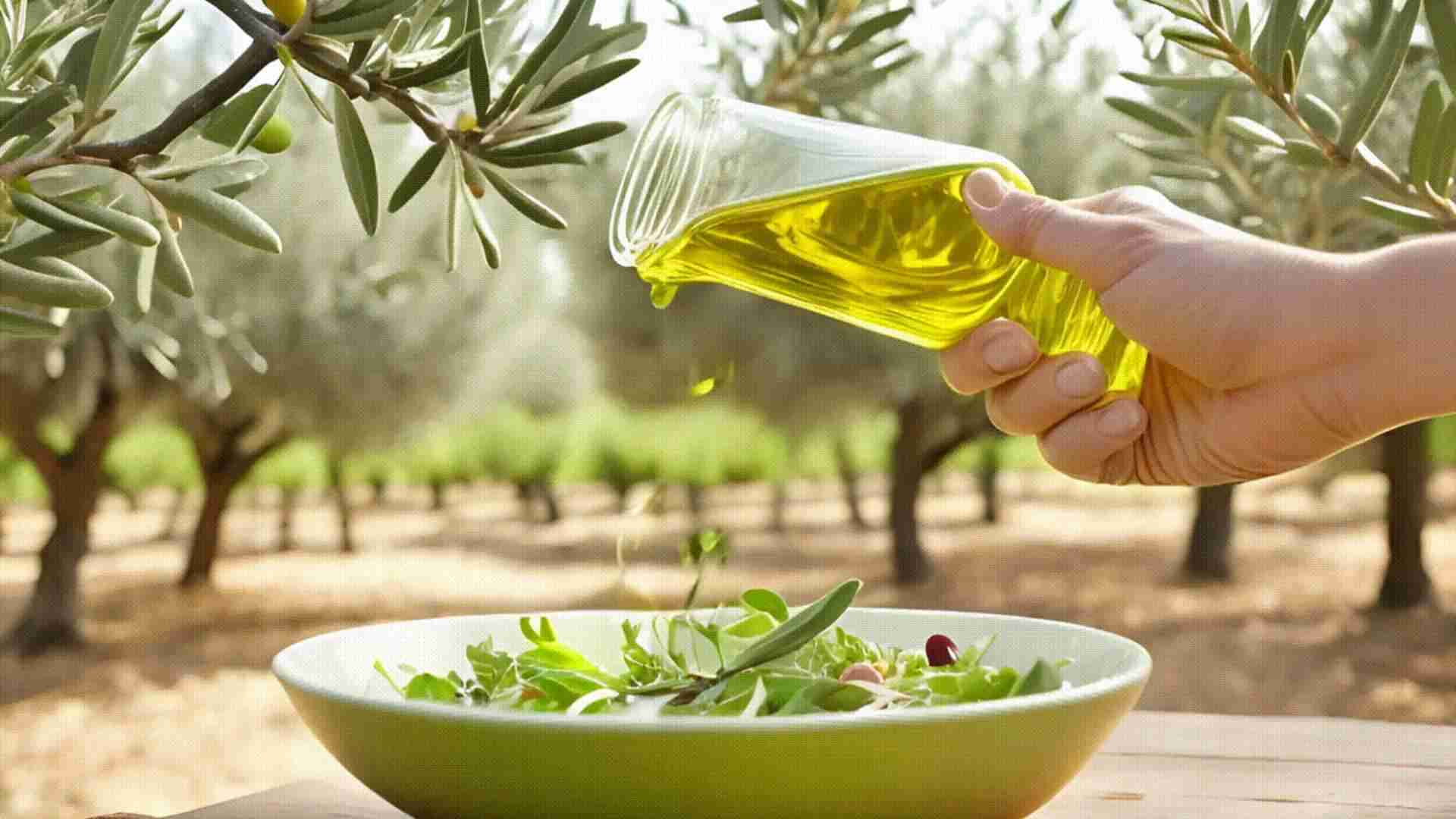 Golden extra virgin olive oil poured over a fresh salad in an Israeli olive orchard